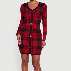 Red & Black Plaid Faux Button Front Cardigan Knit Dress